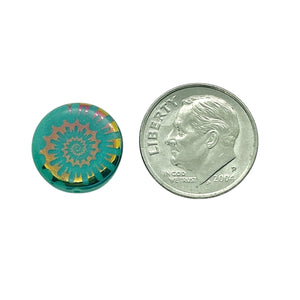 Czech glass laser tattoo nautilus seashell coin beads 8pc turquoise sliperit #2 14mm