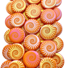 Load image into Gallery viewer, Czech glass laser tattoo nautilus seashell coin beads 8pc matte melon AB 14mm
