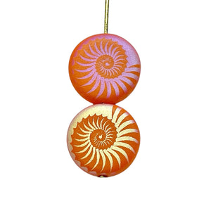 Czech glass laser tattoo nautilus seashell coin beads 8pc matte melon AB 14mm