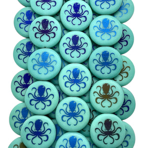 Czech glass laser tattoo octopus coin beads 8pc matte turquoise azuro 16mm