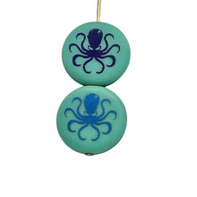 Load image into Gallery viewer, Czech glass laser tattoo octopus coin beads 8pc matte turquoise azuro 16mm
