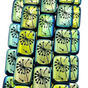 Czech glass laser tattoo dandelion rectangle beads 6pc jet AB 18x12mm