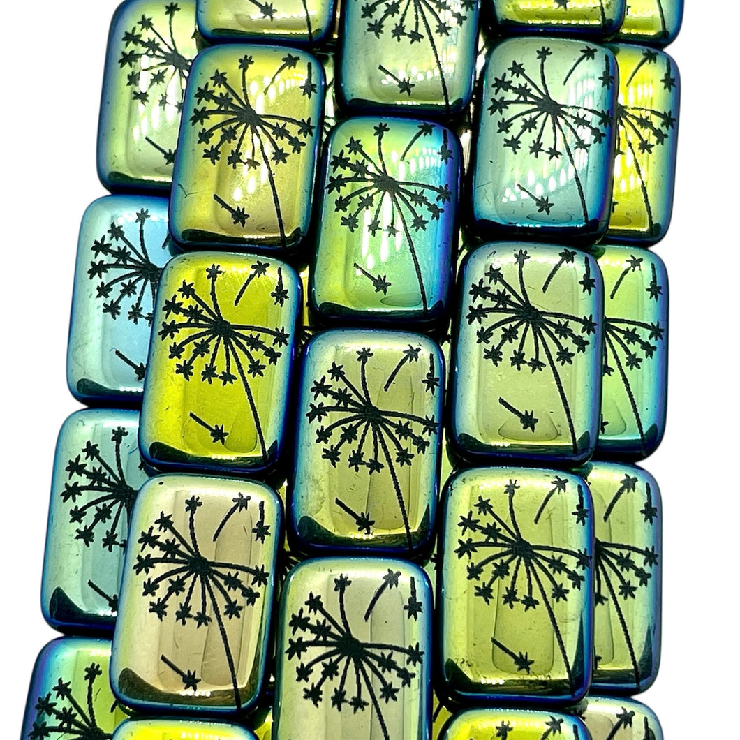 Czech glass laser tattoo dandelion rectangle beads 6pc jet AB 18x12mm