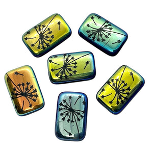 Czech glass laser tattoo dandelion rectangle beads 6pc jet AB 18x12mm