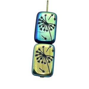 Czech glass laser tattoo dandelion rectangle beads 6pc jet AB 18x12mm