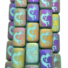 Load image into Gallery viewer, Czech glass laser tattoo Kokopelli rectangle beads 6pc turquoise sliperit 18x12mm

