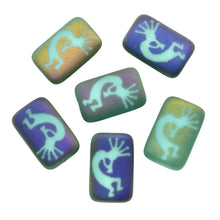 Load image into Gallery viewer, Czech glass laser tattoo Kokopelli rectangle beads 6pc turquoise sliperit 18x12mm
