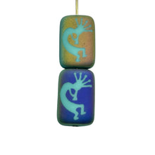 Load image into Gallery viewer, Czech glass laser tattoo Kokopelli rectangle beads 6pc turquoise sliperit 18x12mm
