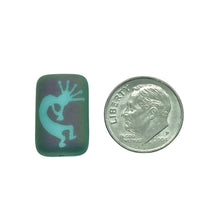 Load image into Gallery viewer, Czech glass laser tattoo Kokopelli rectangle beads 6pc turquoise sliperit 18x12mm
