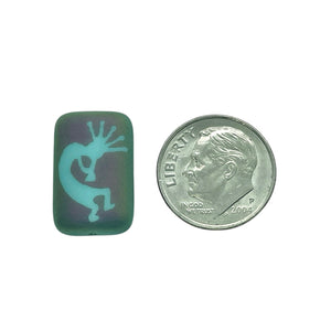 Czech glass laser tattoo Kokopelli rectangle beads 6pc turquoise sliperit 18x12mm