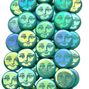 Czech glass laser tattoo sun moon face beads 8pc turquoise AB 14mm