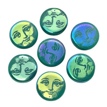 Load image into Gallery viewer, Czech glass laser tattoo sun moon face beads 8pc turquoise AB 14mm
