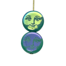 Load image into Gallery viewer, Czech glass laser tattoo sun moon face beads 8pc turquoise AB 14mm
