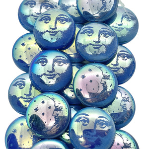 Czech glass laser tattoo sun moon puffed coin beads 4pc blue AB 22mm