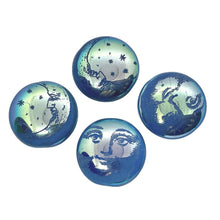 Load image into Gallery viewer, Czech glass laser tattoo sun moon puffed coin beads 4pc blue AB 22mm
