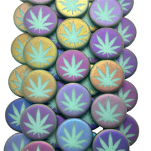 Load image into Gallery viewer, Czech glass laser tattoo cannabis leaf coin beads 8pc matte turquoise sliperit 14mm
