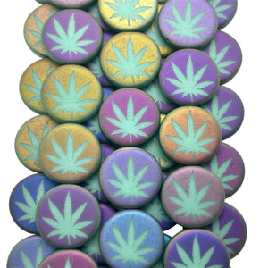 Czech glass laser tattoo cannabis leaf coin beads 8pc matte turquoise sliperit 14mm