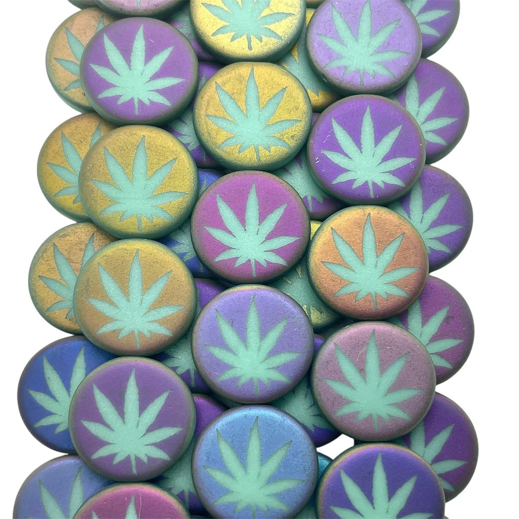 Czech glass laser tattoo cannabis leaf coin beads 8pc matte turquoise sliperit 14mm