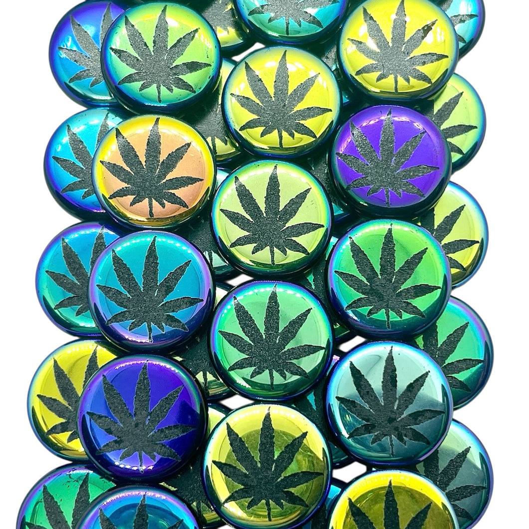 Czech glass laser tattoo cannabis leaf coin beads 8pc jet black iris 14mm