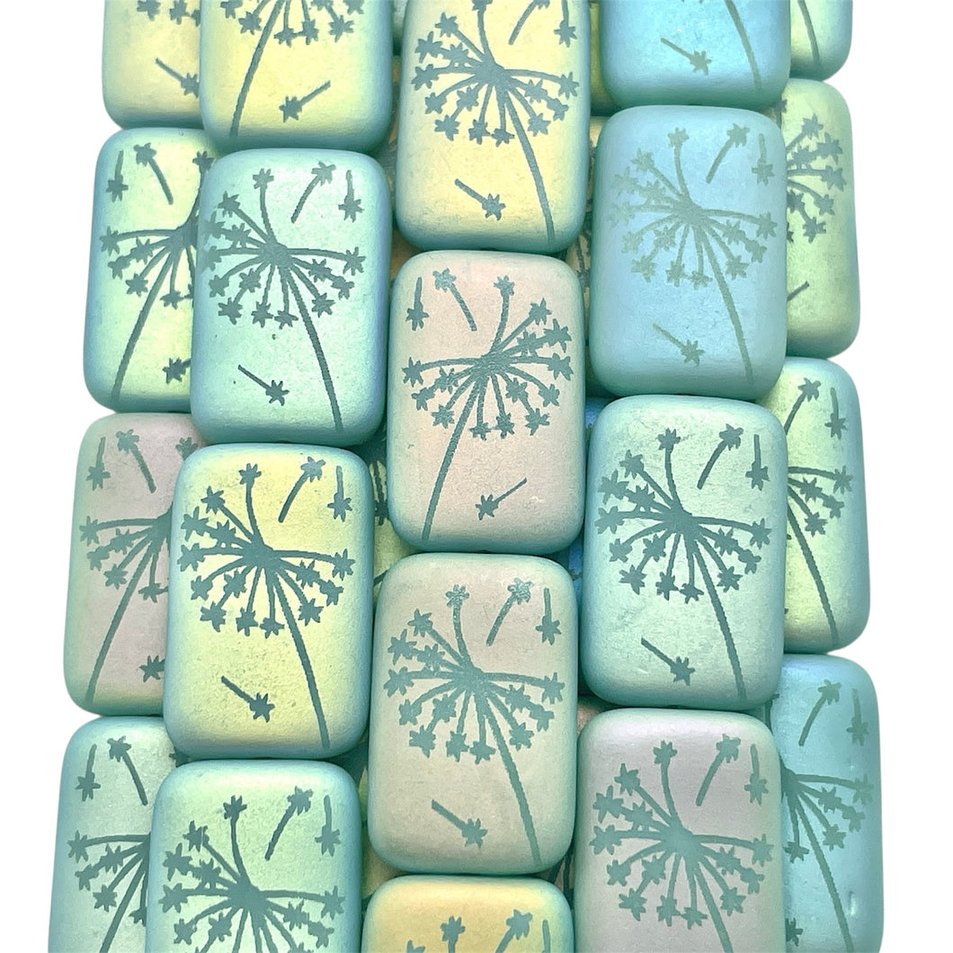 Czech glass laser tattoo dandelion rectangle beads 6pc matte turquoise AB 18x12mm