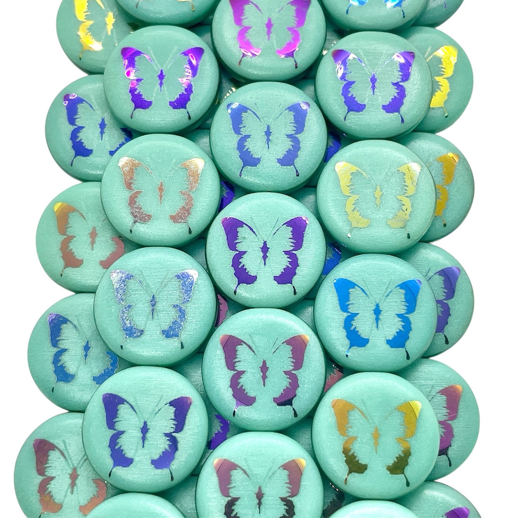 Czech glass laser tattoo butterfly coin beads 8pc turquoise sliperit 14mm
