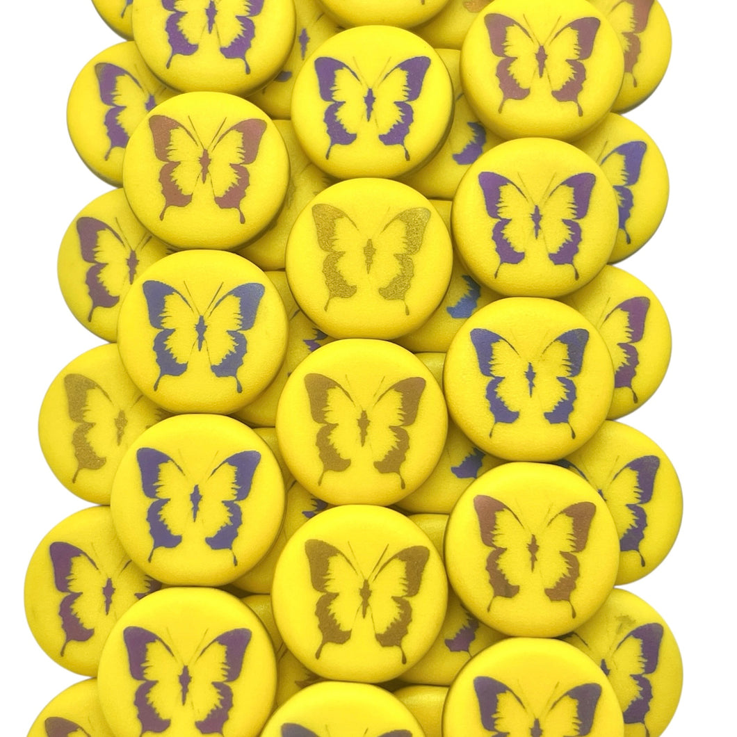 Czech glass laser tattoo butterfly coin beads 8pc yellow sliperit 14mm