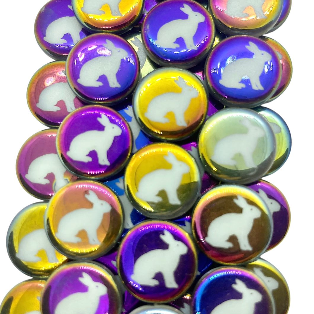Czech glass laser tattoo rabbit coin beads 8pc white sliperit 16mm
