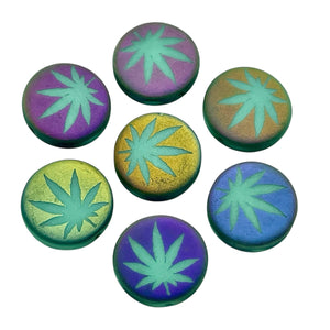 Czech glass laser tattoo cannabis leaf coin beads 8pc matte turquoise sliperit 14mm