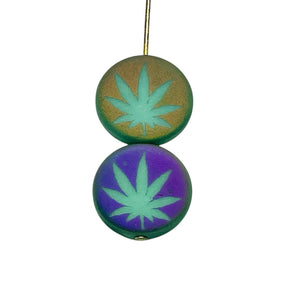 Czech glass laser tattoo cannabis leaf coin beads 8pc matte turquoise sliperit 14mm