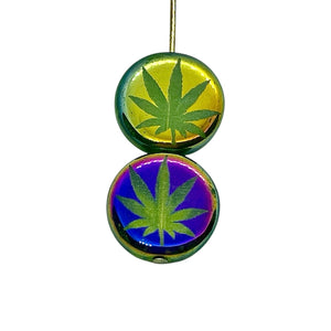 Czech glass laser tattoo cannabis leaf coin beads 8pc green sliperit  14mm