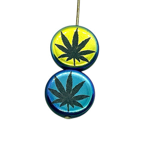 Czech glass laser tattoo cannabis leaf coin beads 8pc jet black iris 14mm