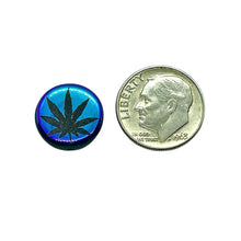 Load image into Gallery viewer, Czech glass laser tattoo cannabis leaf coin beads 8pc jet black iris 14mm
