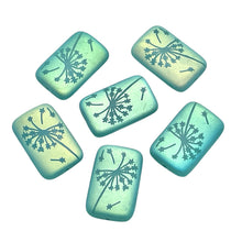 Load image into Gallery viewer, Czech glass laser tattoo dandelion rectangle beads 6pc matte turquoise AB 18x12mm
