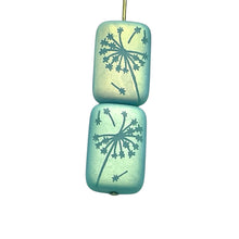 Load image into Gallery viewer, Czech glass laser tattoo dandelion rectangle beads 6pc matte turquoise AB 18x12mm
