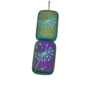 Czech glass laser tattoo dandelion rectangle beads 6pc matte turquoise sliperit 18x12mm