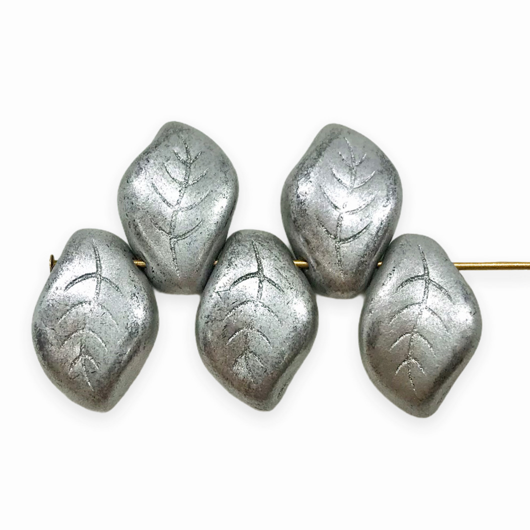 Czech glass wavy leaf beads 20pc matte silver 14x9mm