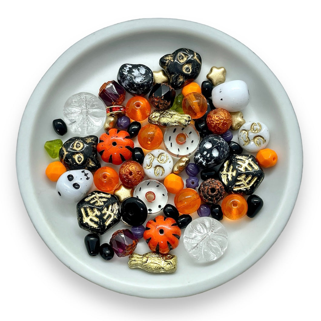 Halloween Czech glass bead mix skulls, cats, pumpkins, owls & more 66pc #4
