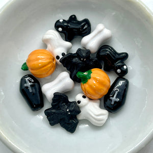 Peruvian ceramic tiny Halloween bead mix coffins, ghosts, pumpkins, bats 12pc