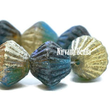 Load image into Gallery viewer, Czech glass African bicone beads 15pc acid etched teal green gold AB 11mm
