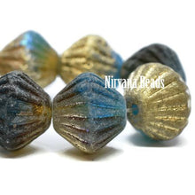Load image into Gallery viewer, Czech glass African bicone beads 15pc acid etched teal green gold AB 11mm
