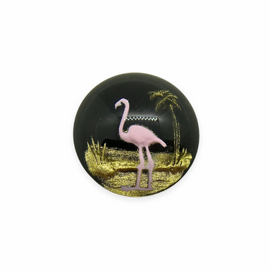 Czech glass Flamingo reverse painted intaglio flatback stone 1pc 18mm black pink & gold-Orange Grove Beads