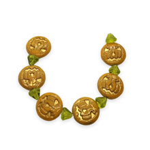 Load image into Gallery viewer, Czech glass Jack O&#39; Lantern pumpkin beads &amp; stems 6 sets (12pc) yellow orange bronze-Orange Grove Beads
