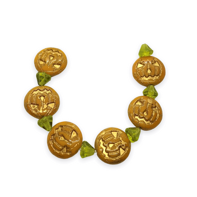 Czech glass Jack O' Lantern pumpkin beads & stems 6 sets (12pc) yellow orange bronze-Orange Grove Beads