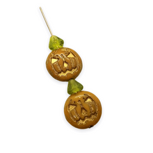 Load image into Gallery viewer, Czech glass Jack O&#39; Lantern pumpkin beads &amp; stems 6 sets (12pc) yellow orange bronze
