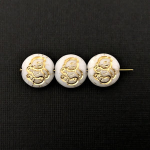 Czech glass teddy bear puffed coin beads 8pc white gold 14mm