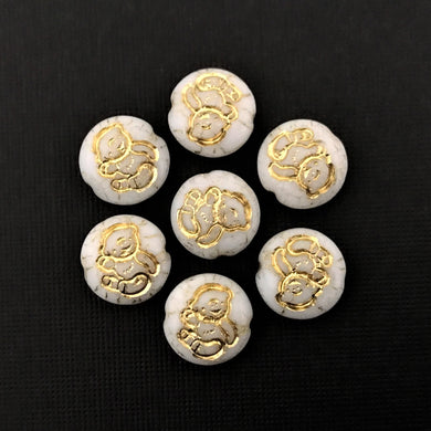 Czech glass teddy bear puffed coin beads 8pc white gold 14mm-Orange Grove Beads