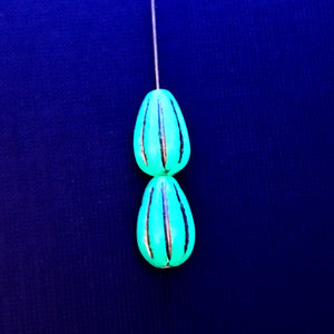 Czech glass melon teardrop beads 10pc turquoise gold 13x8mm UV glow #2