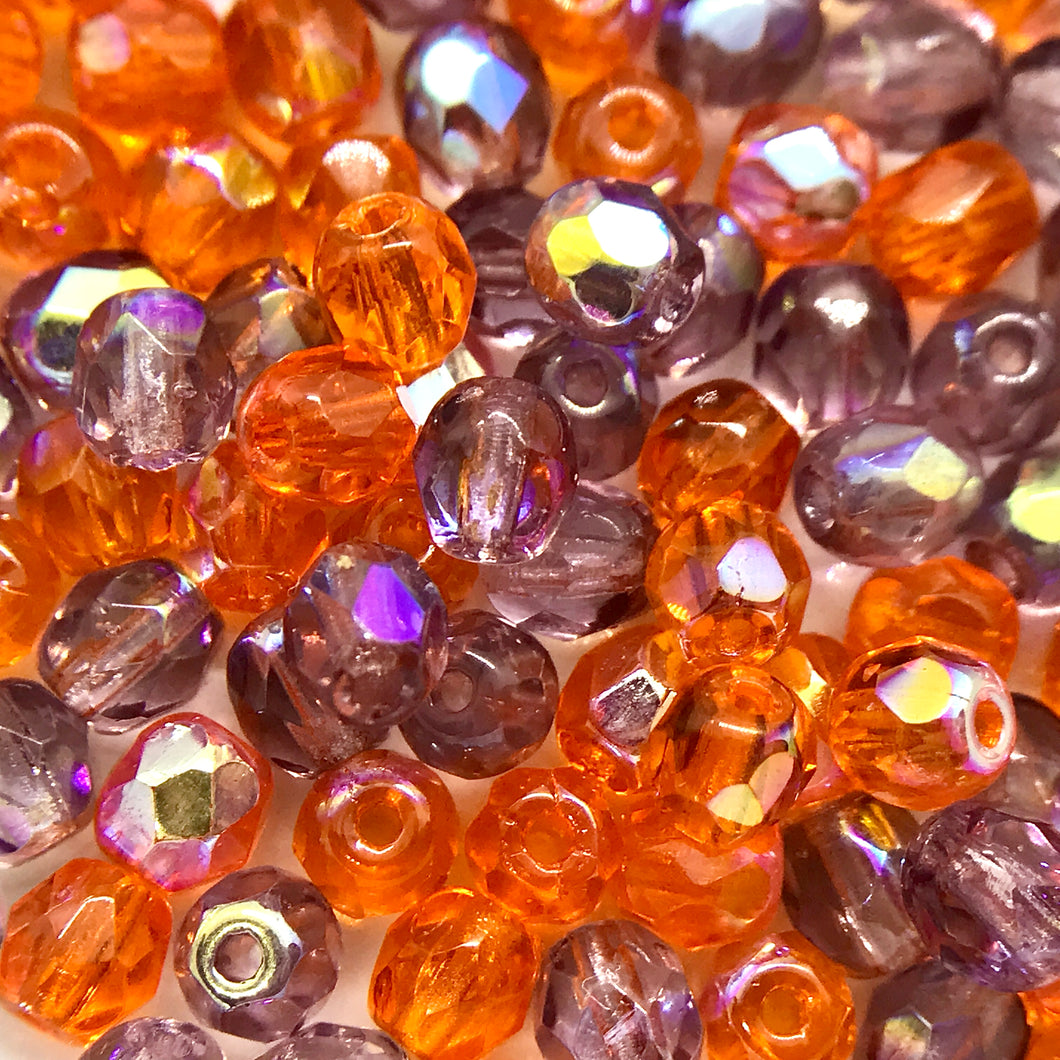 Czech glass faceted round beads Halloween mix 100pc orange purple AB 4mm