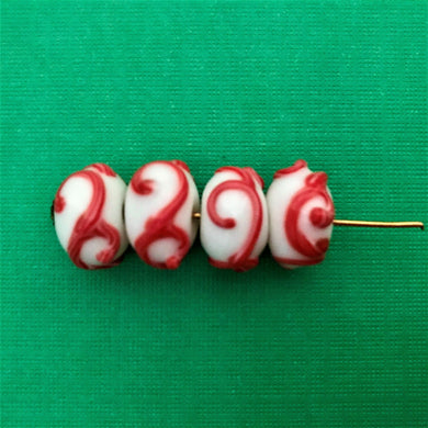 Lampwork Christmas rondelle beads 4pc white with red scroll 15x10-Orange Grove Beads