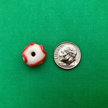 Load image into Gallery viewer, Lampwork Christmas rondelle beads 6pc white with red scroll 15x10
